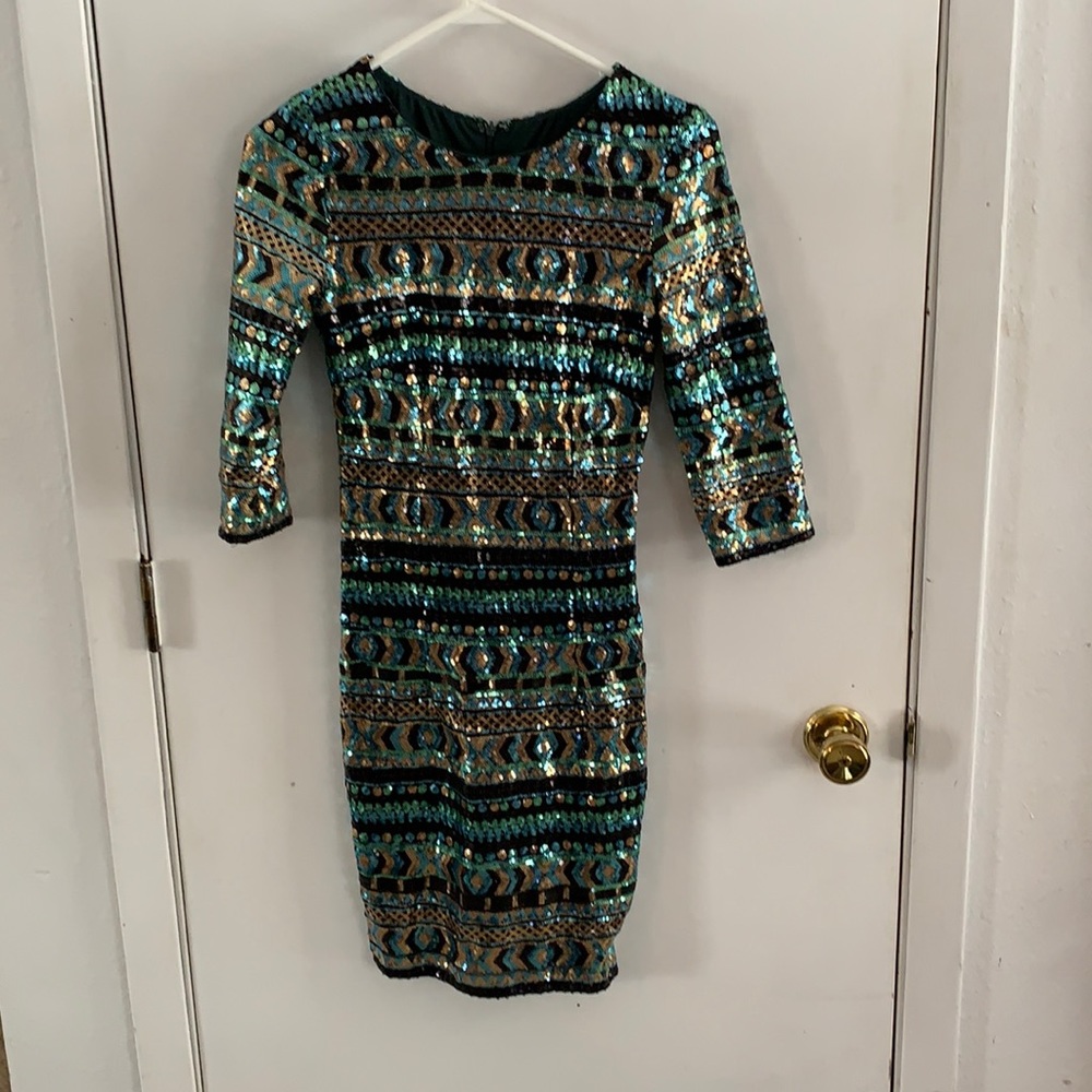TFNC striped sequined bodycon dress in turquoise, aqua, black and copper